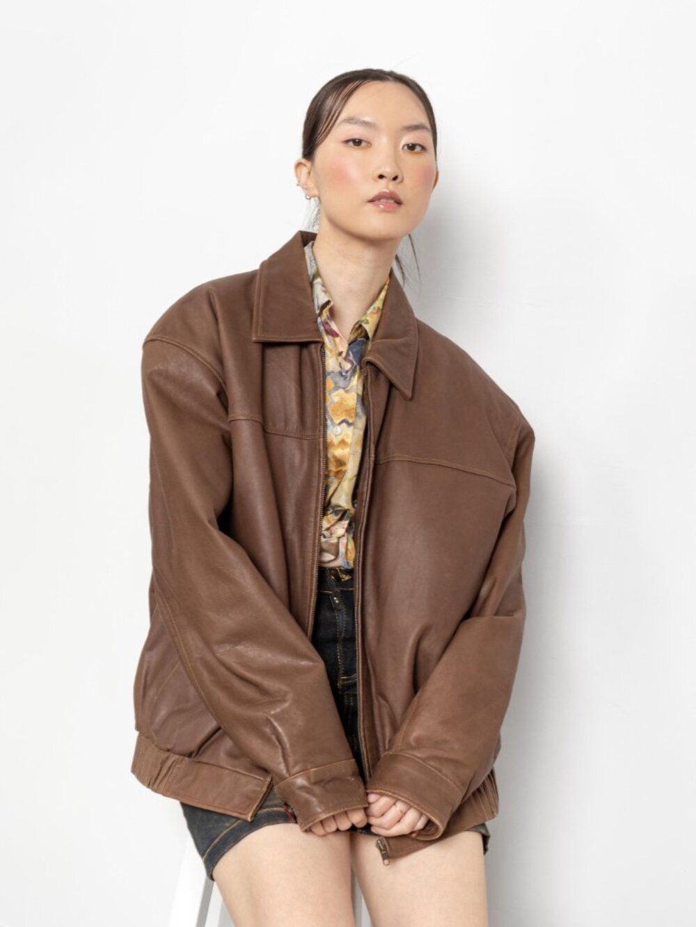 BROWN LEATHER BOMBER Jacket Vintage Oversize 90's Coat / Small Medium